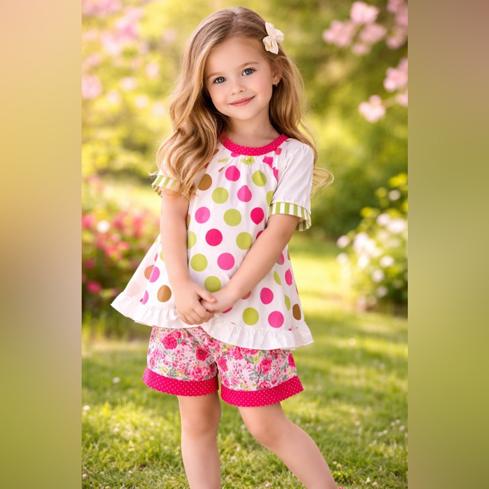 Girls' Pink and Green Polka Dot Pajama Set - Brand